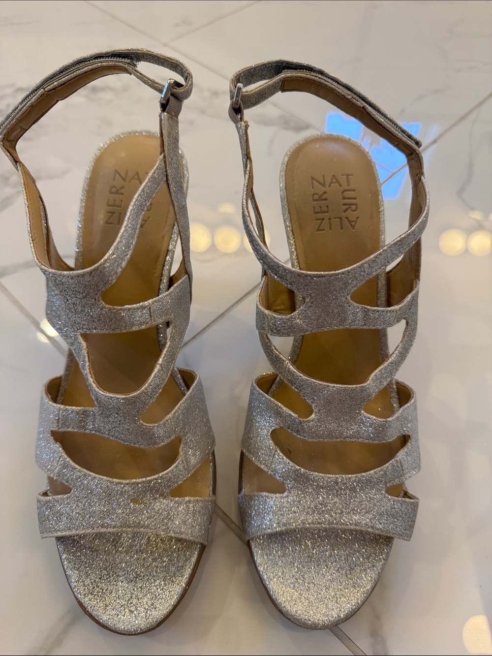 Naturalizer Silver Glitter Multi-Strap Block Heel Sandals